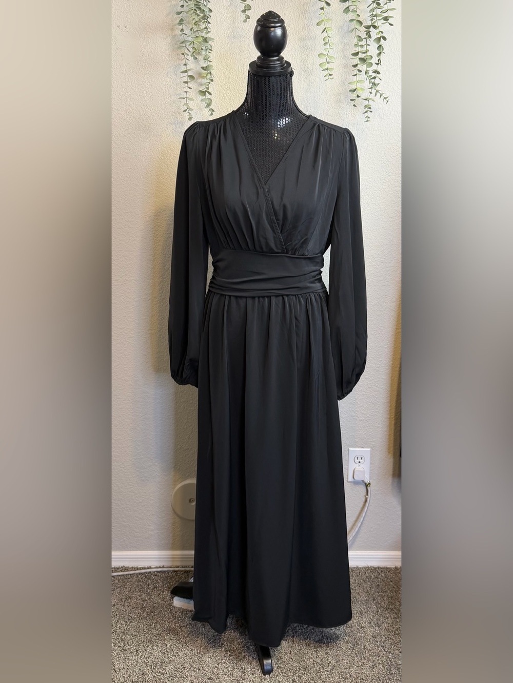 Dokotoo Wrap V-Neck Maxi Dress Size M Black Lantern Sleeve Empire Waist